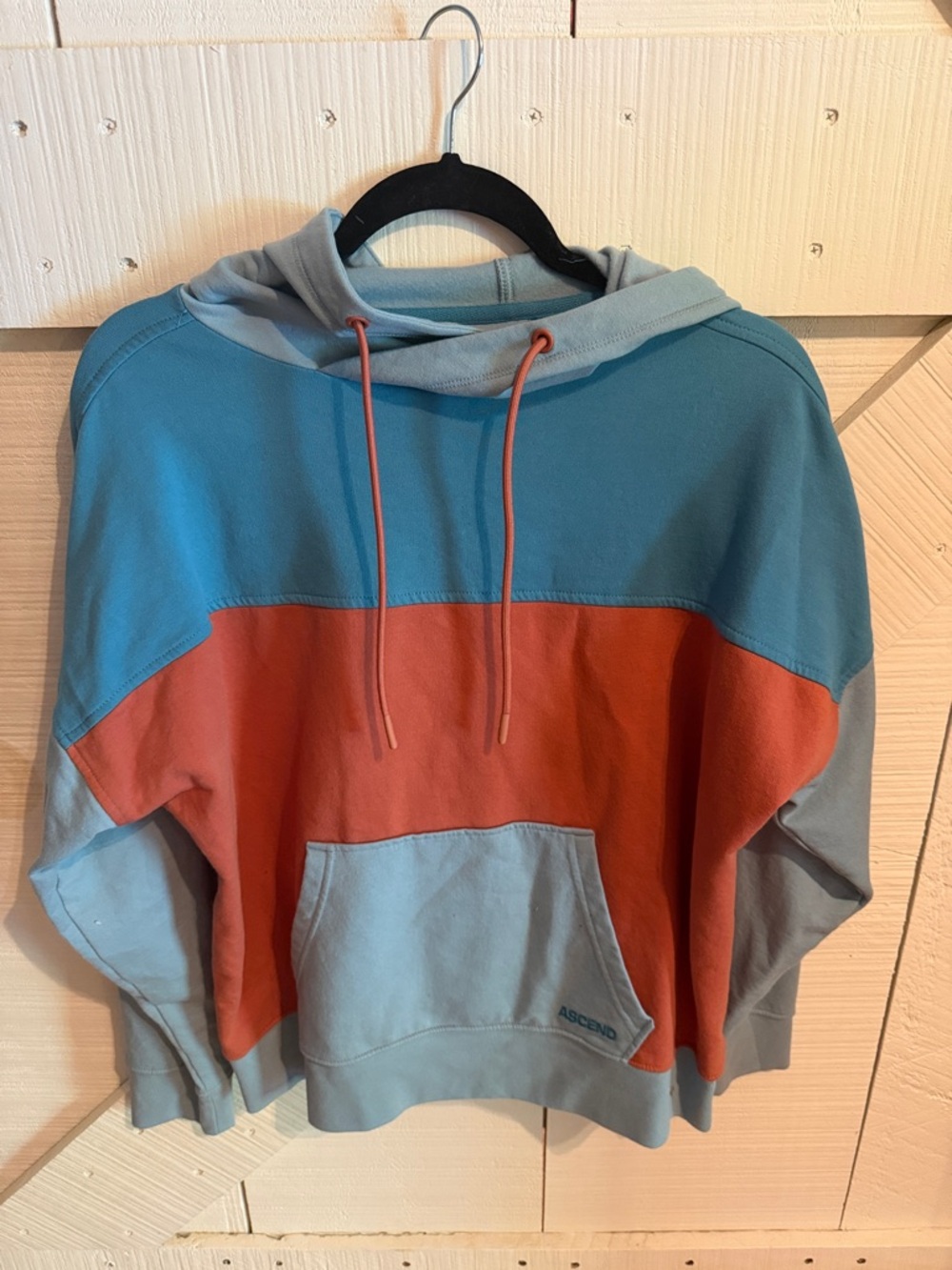 Ascend Colorblock Pullover Hoodie in Light Blue & Rust